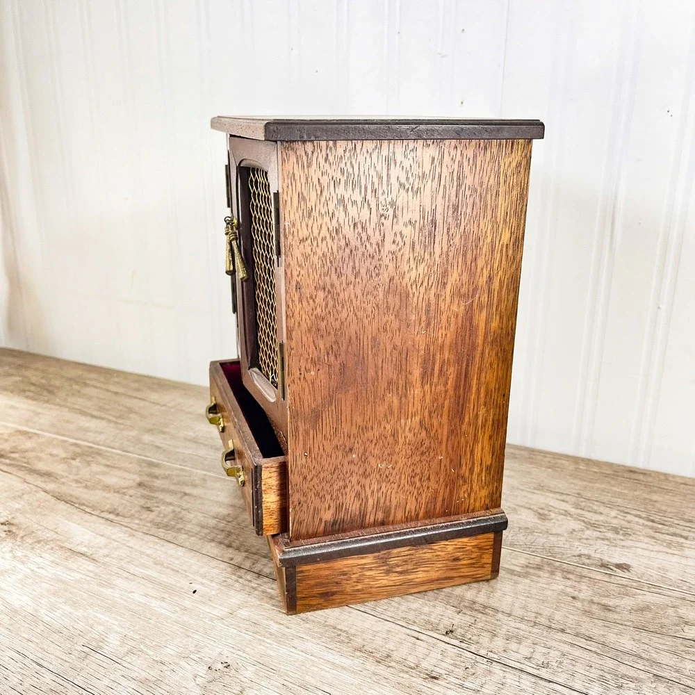 Vintage‎ Wood Musical Jewelry Box Armoire Cabinet Mesh Doors Brown Gold Hardware